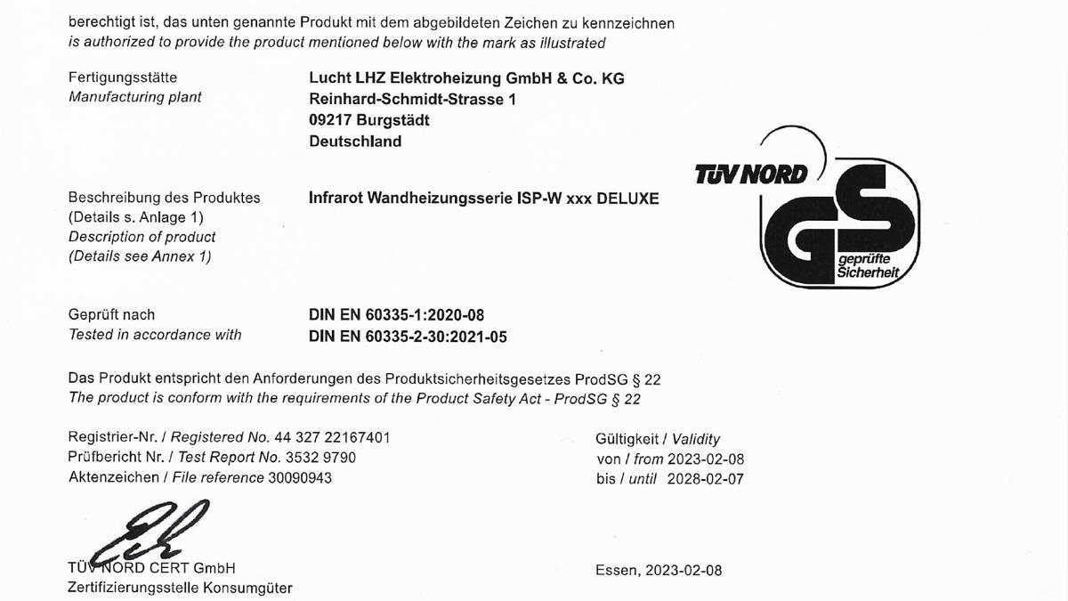 GS seal: tested safety for ISP infrared heaters from Lucht electric radiators
